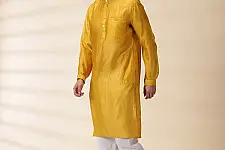 Ekansh . एकांश | Yellow Chanderi Men Jacket & Kurta Set