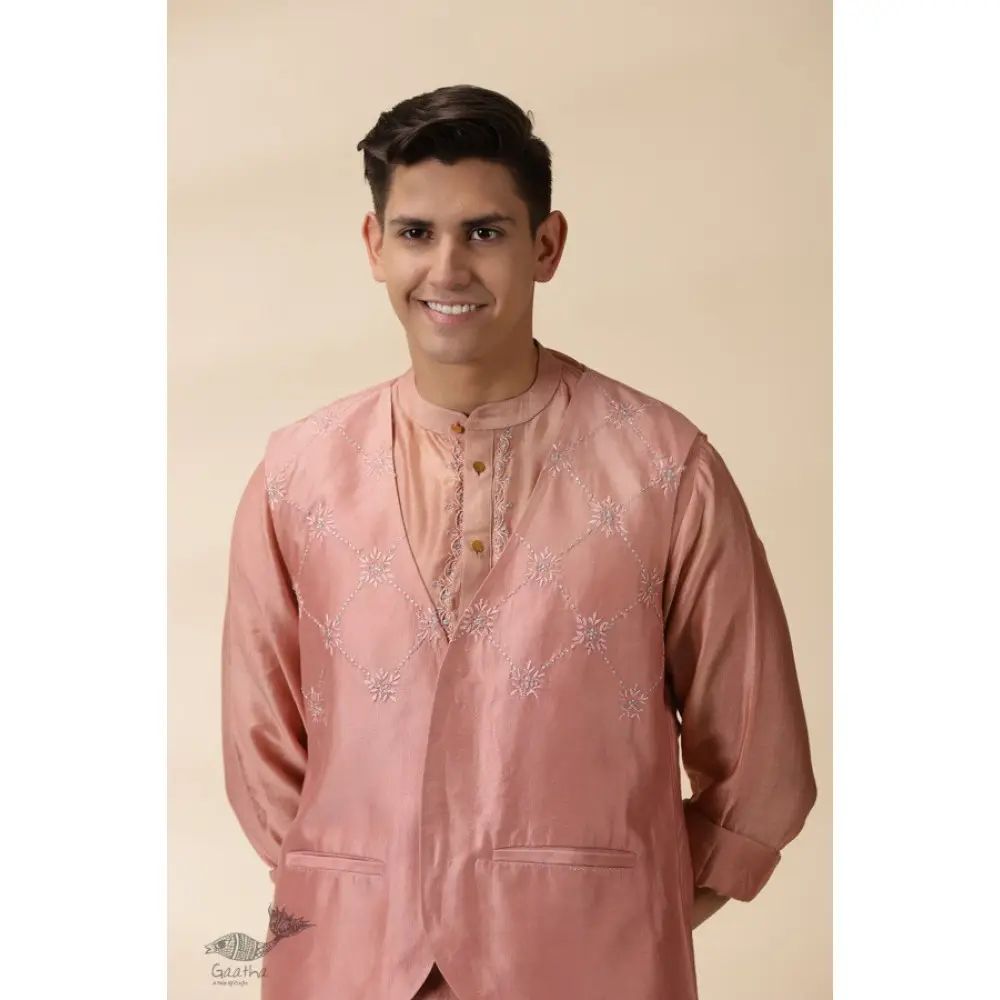 shop  Peach Chanderi Men Sadri & Kurta Set 