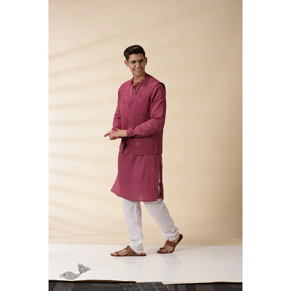 shop Majenta Handwoven Men Sadri & Kurta Set