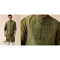 Ekansh . एकांश | Green Chanderi Men Nehru Jacket & Kurta Set 