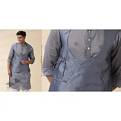 Ekansh . एकांश | Grey Chanderi Men's Achkan Jacket & Kurta Set 