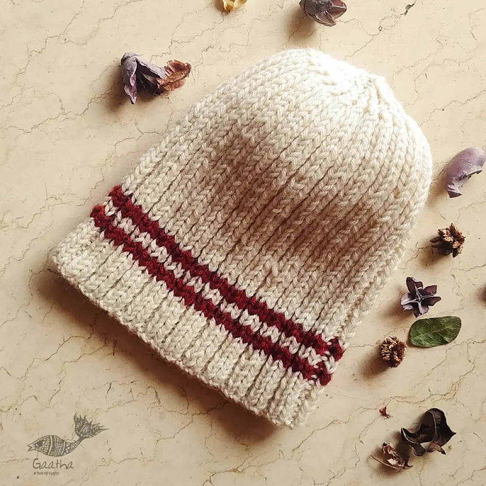 cream maroon handknit natural color woolen cap textured horizontal striped knit ribbed beanie winter skull hat gaatha