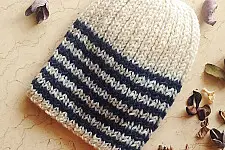 Hand Knitted ☃ Pure Woolen Cap ☃ Natural Color |  Ecru With Blue Stripes |  