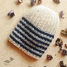 Hand Knitted ☃ Pure Woolen Cap ☃ Natural Color |  Ecru With Blue Stripes |  