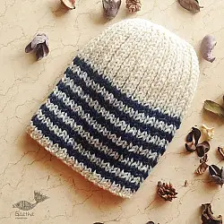 Hand Knitted ☃ Pure Woolen Cap ☃ Natural Color |  Ecru With Blue Stripes |  