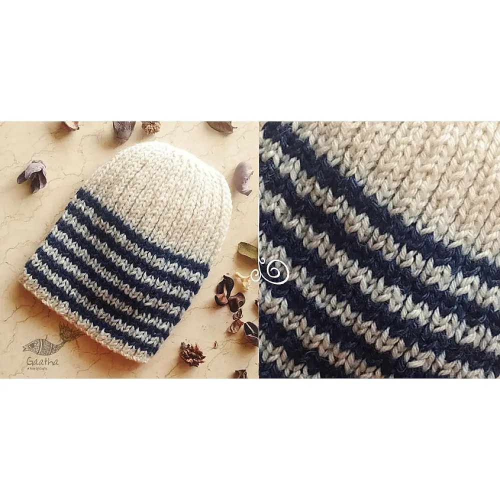 Hand Knitted ☃ Pure Woolen Cap ☃ Natural Color |  Ecru With Blue Stripes |