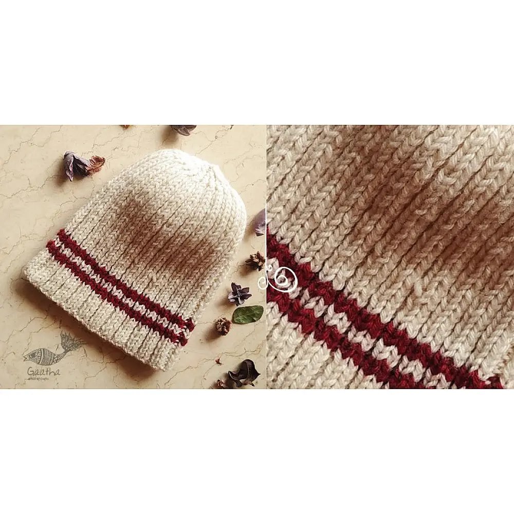 cream maroon handknit natural color woolen cap textured horizontal striped knit ribbed beanie winter skull hat gaatha