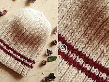Hand Knitted ☃ Pure Woolen Cap ☃ Natural Color |  Ecru with Red Stripe |  