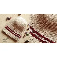 Hand Knitted ☃ Pure Woolen Cap ☃ Natural Color |  Ecru with Red Stripe |  