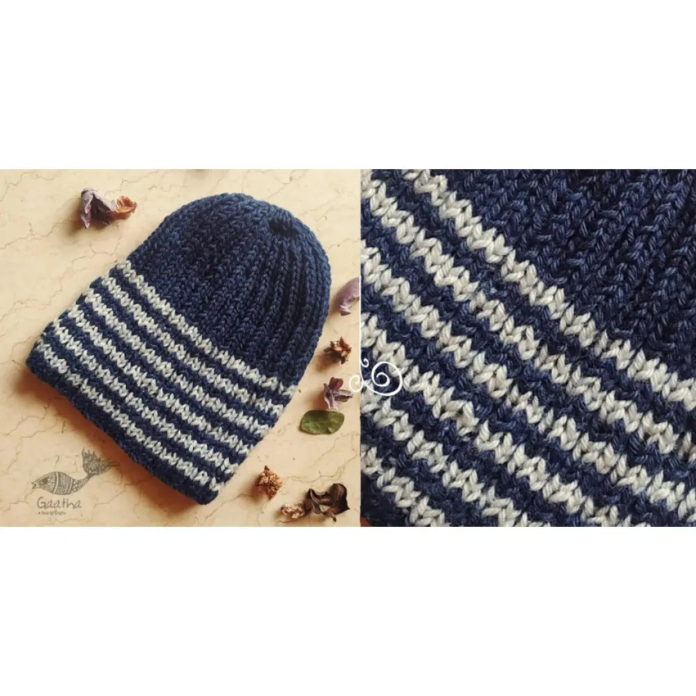 blue cream handknit natural color woolen cap textured zigzag knit ribbed beanie winter skull hat 
