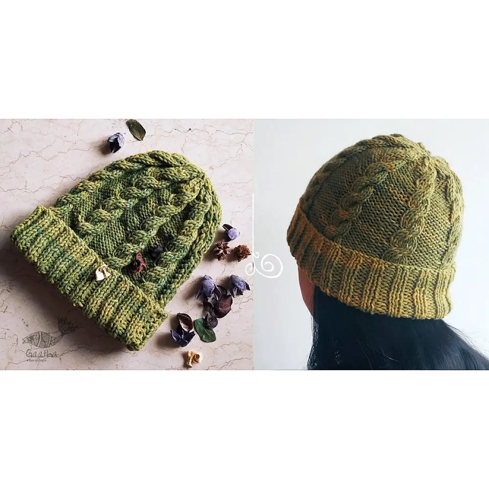 Hand Knitted ☃ Pure Woolen Cap ☃ Natural Color |  Moss Green |