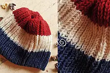 Hand Knitted ☃ Pure Woolen Cap ☃ Natural Color |  Red-Ecru-Indigo Rugby Stripes |  