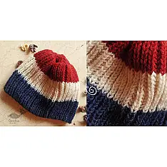 Hand Knitted ☃ Pure Woolen Cap ☃ Natural Color |  Red-Ecru-Indigo Rugby Stripes |  