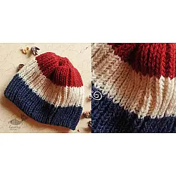 Hand Knitted ☃ Pure Woolen Cap ☃ Natural Color |  Red-Ecru-Indigo Rugby Stripes |  