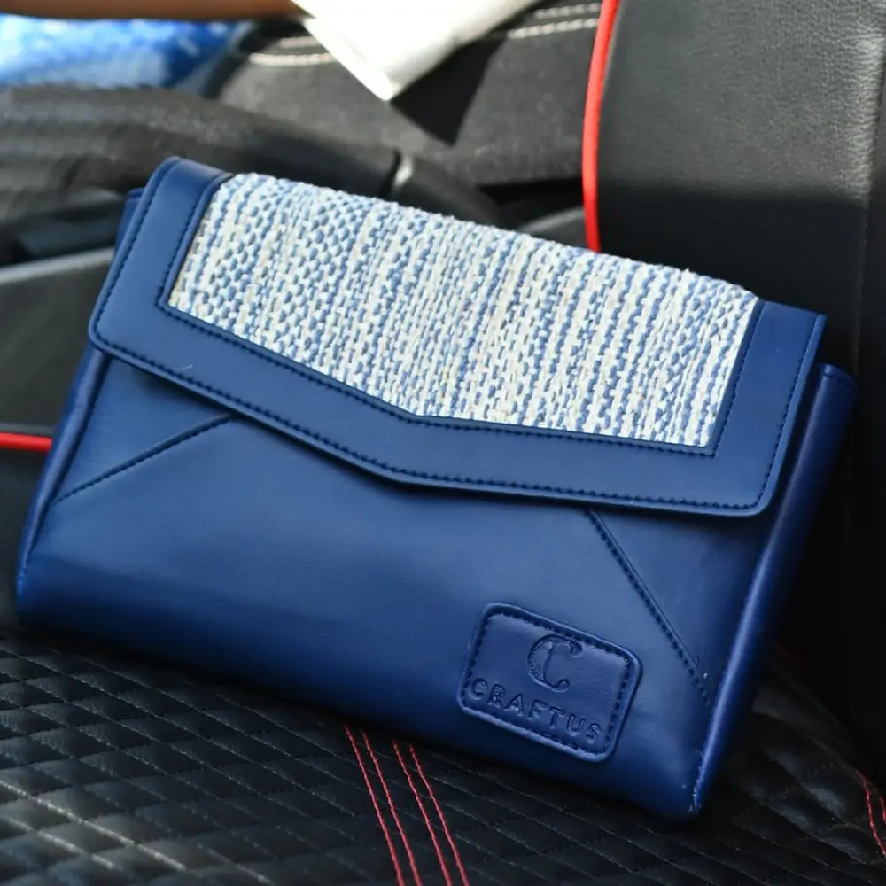 blue handcrafted Panja Dhurrie purse with off white handwoven textile panel