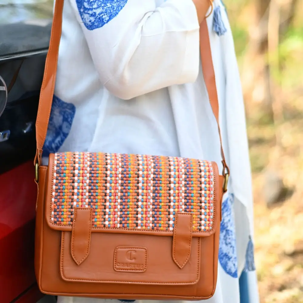 brown Panja Dhurrie tote bag with multicolour handwoven textile panel and shoulder straps