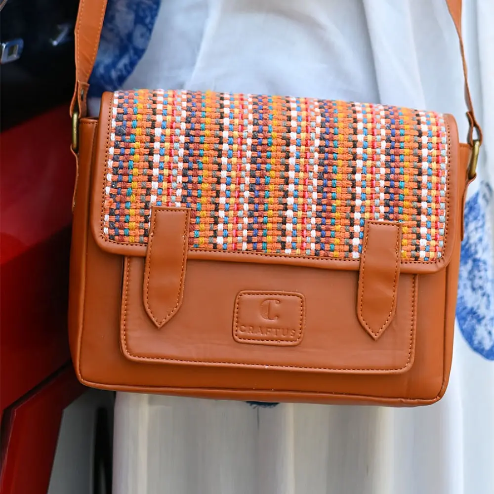 brown Panja Dhurrie tote bag with multicolour handwoven textile panel and shoulder straps