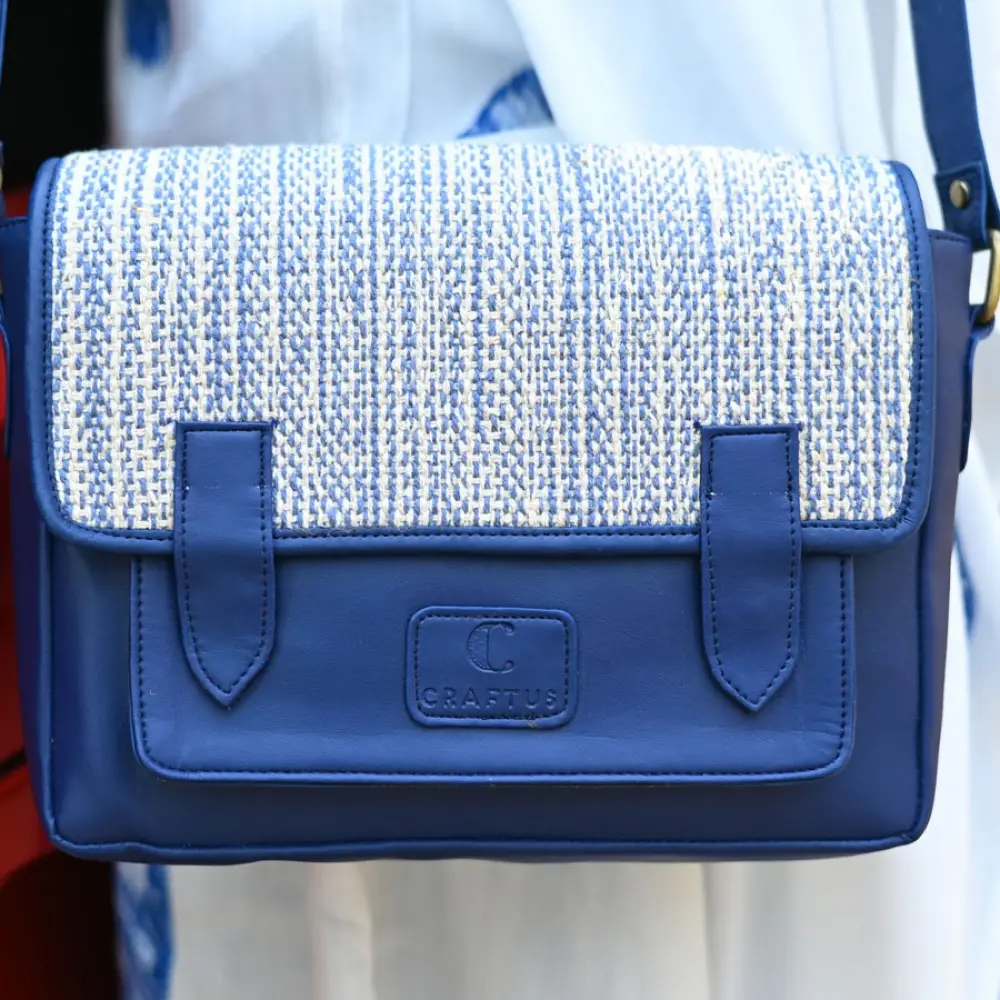 zany bags panja dhurrie tote bag blue handwoven flatweave geometric cotton flap premium shoulder handbag craftus gaatha