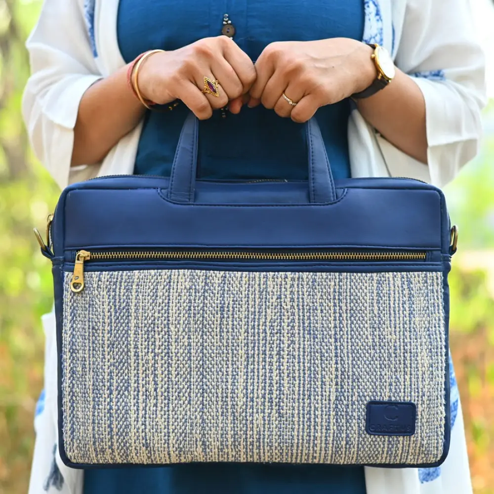 zany bags panja dhurrie laptop bag blue handwoven flatweave geometric cotton front panel premium dual top handle briefcase sleeve gaatha