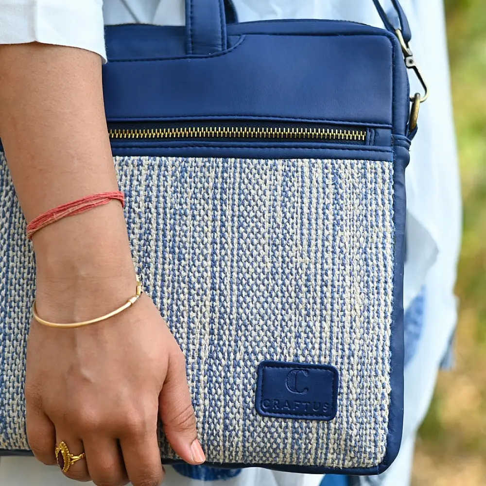 zany bags panja dhurrie laptop bag blue handwoven flatweave geometric cotton front panel premium dual top handle briefcase sleeve gaatha