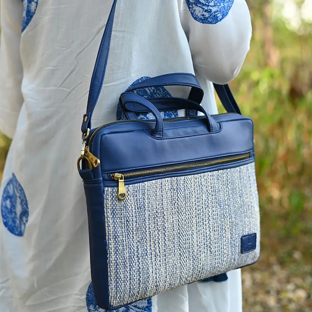 zany bags panja dhurrie laptop bag blue handwoven flatweave geometric cotton front panel premium dual top handle briefcase sleeve gaatha