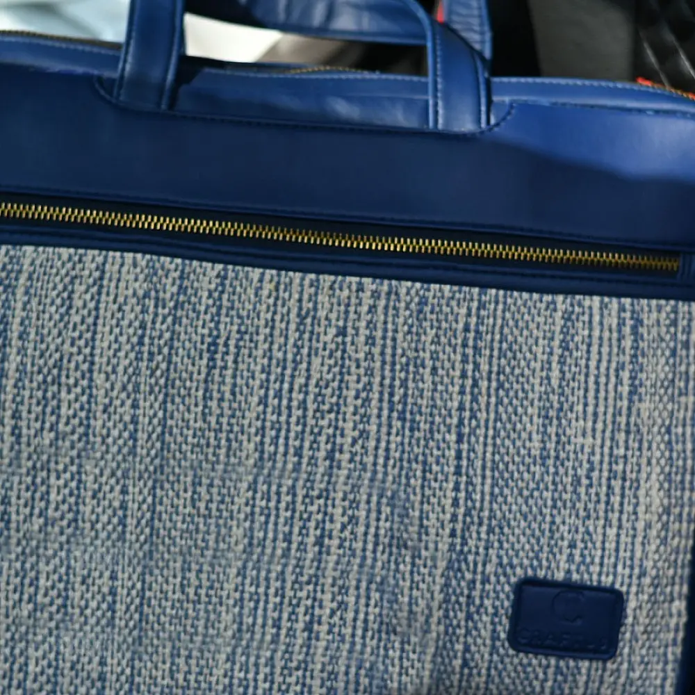 zany bags panja dhurrie laptop bag blue handwoven flatweave geometric cotton front panel premium dual top handle briefcase sleeve gaatha