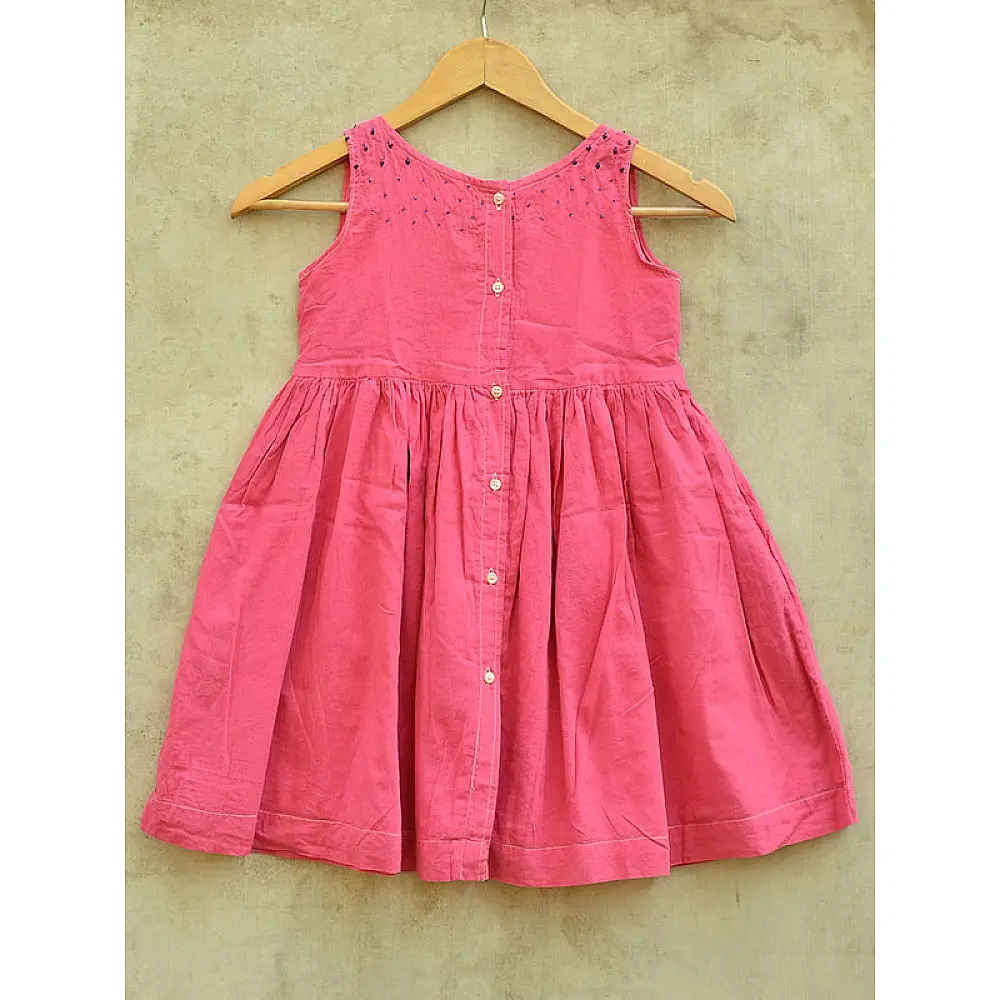 pink pure cotton girls frock with delicate hand embroidered motifs and a gathered skirt