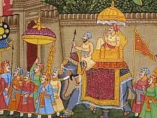 Miniature painting ~ Maharaja fateh singh ji procession after war