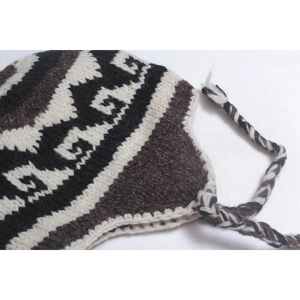 charcoal grey cream handknit woolen beanie cap ear flaps tassels geometric wave pattern winter skull hat gaatha