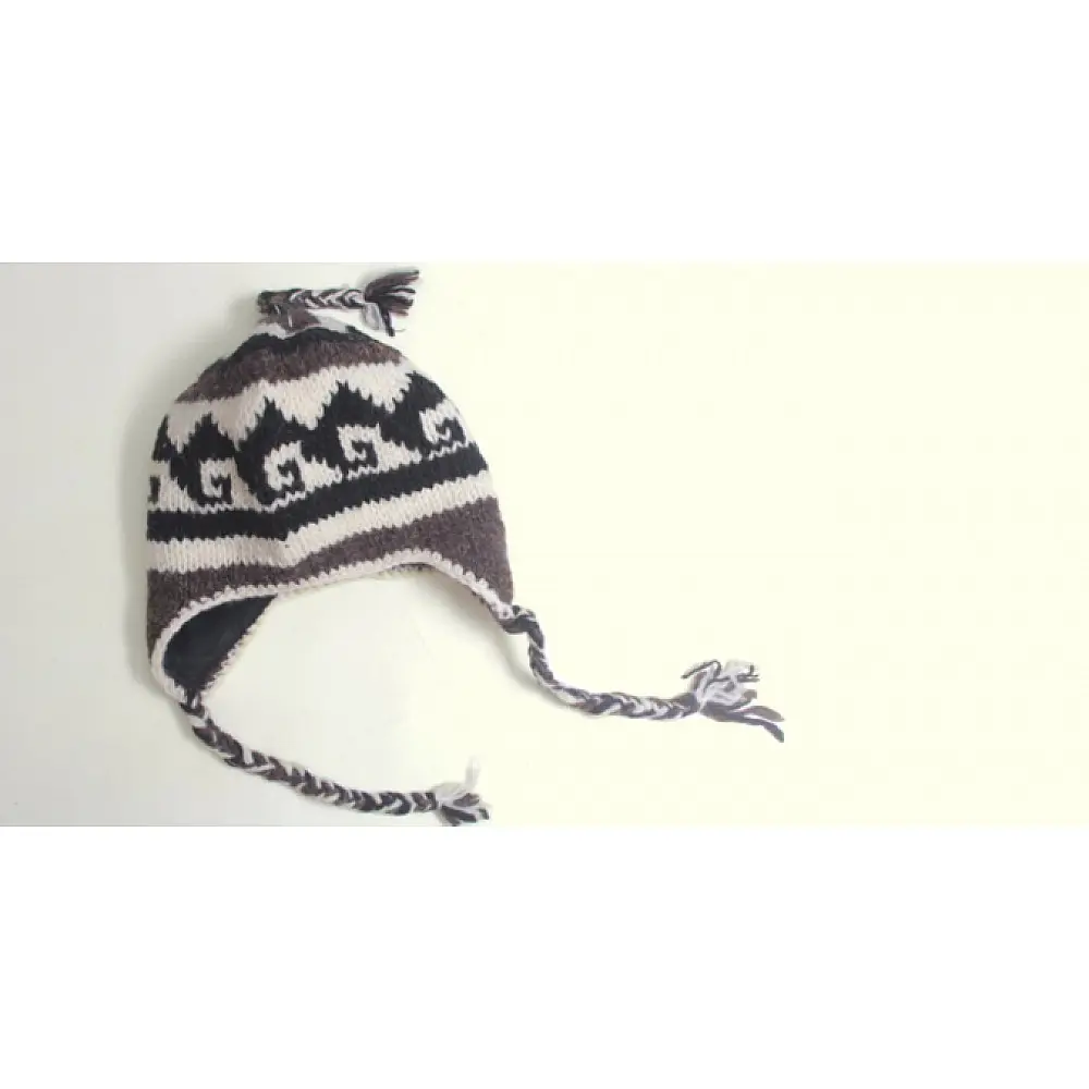 charcoal grey cream handknit woolen beanie cap ear flaps tassels geometric wave pattern winter skull hat gaatha