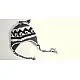 charcoal grey cream handknit woolen beanie cap ear flaps tassels geometric wave pattern winter skull hat gaatha