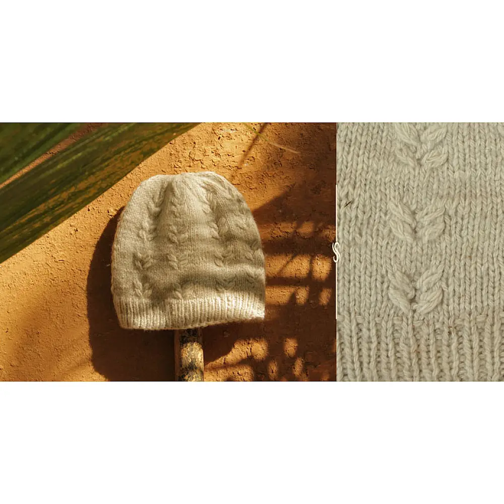 cream white handknit natural color woolen cap vertical cable knit vine branch motif beanie winter skull hat gaatha