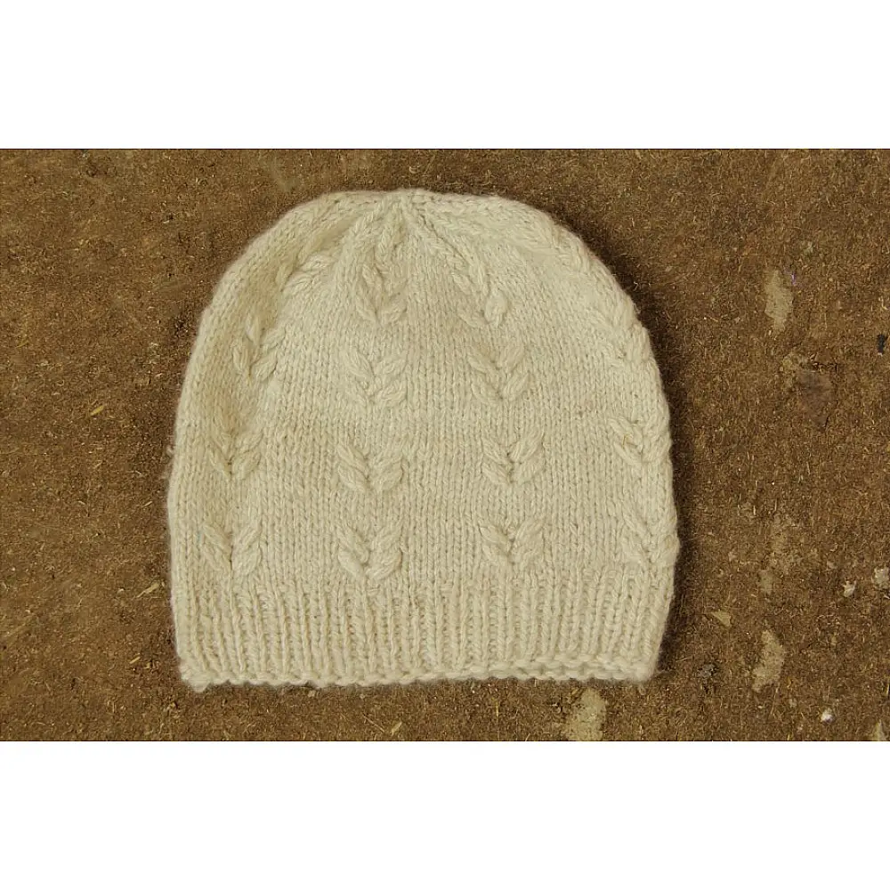 cream white handknit natural color woolen cap vertical cable knit vine branch motif beanie winter skull hat gaatha