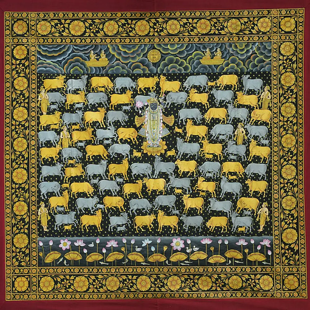 square Pichwai Painting ~ Raas . Gold Foil Work { 4 X 4.5 Feet }