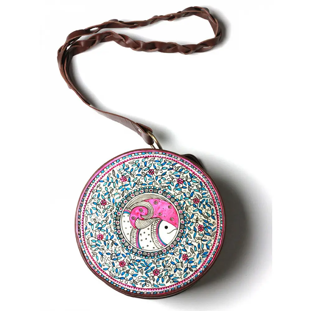 उपवन ~ Leather * Hand Painted { Clutch Round - Matsya Jaal } - 5