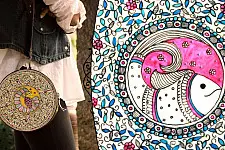 उपवन ~ Leather * Hand Painted { Clutch Round - Matsya Jaal } - 5
