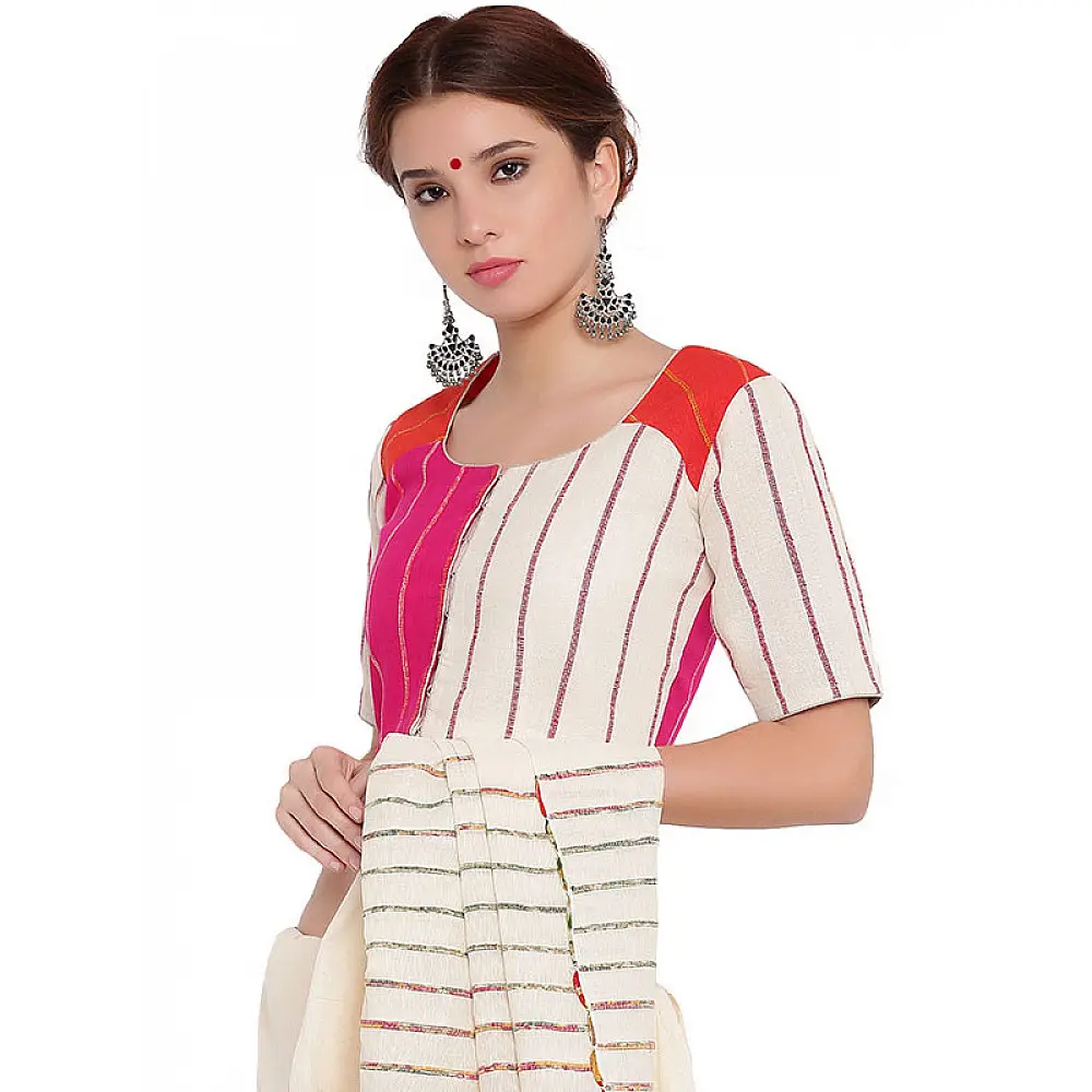 खेस ✥ Three panel blouse in white, pink and orange khesh ✥ 9