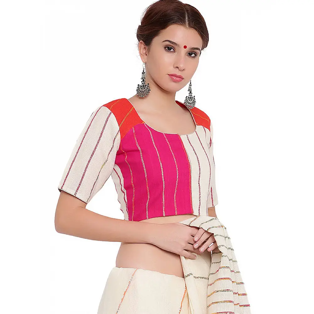खेस ✥ Three panel blouse in white, pink and orange khesh ✥ 9
