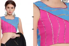 खेस ✥ Pink and blue khesh contemporary blouse with red piping ✥ 7