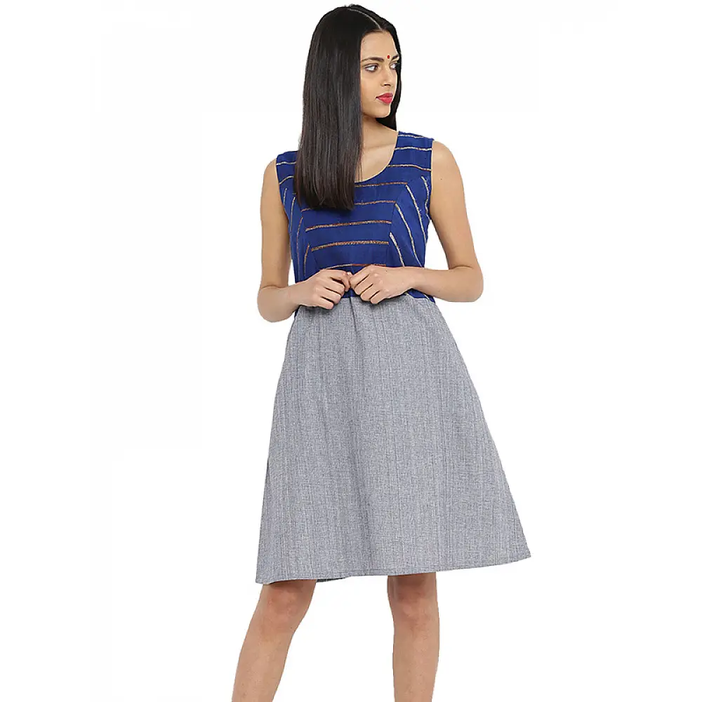 खेस ✥ Blue khesh and grey Cotton Handwoven Dress ✥ c