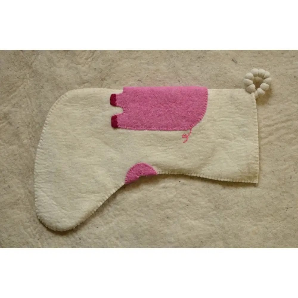 cream felt Christmas stocking candy sock featuring a handcrafted pink and magenta elephant patch