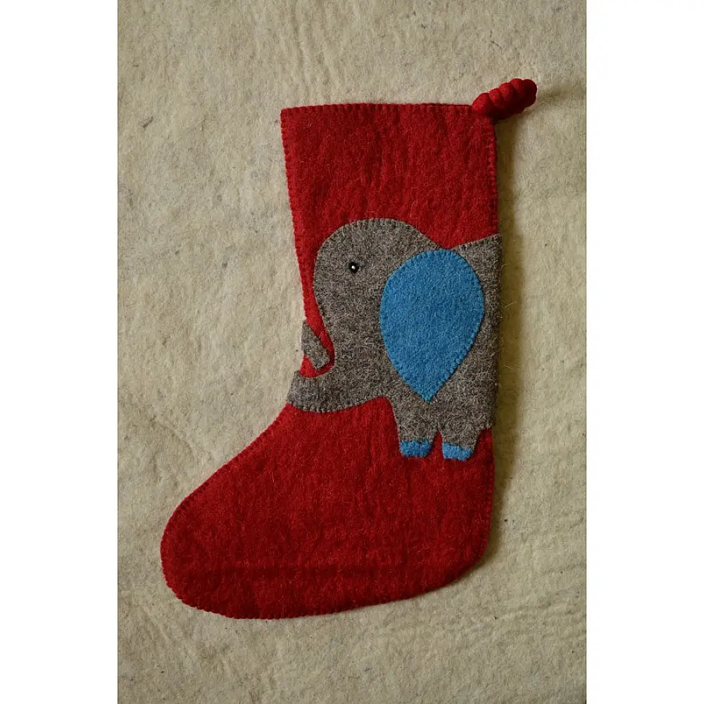red felt Christmas stocking candy sock featuring a handcrafted grey and blue elephant patch