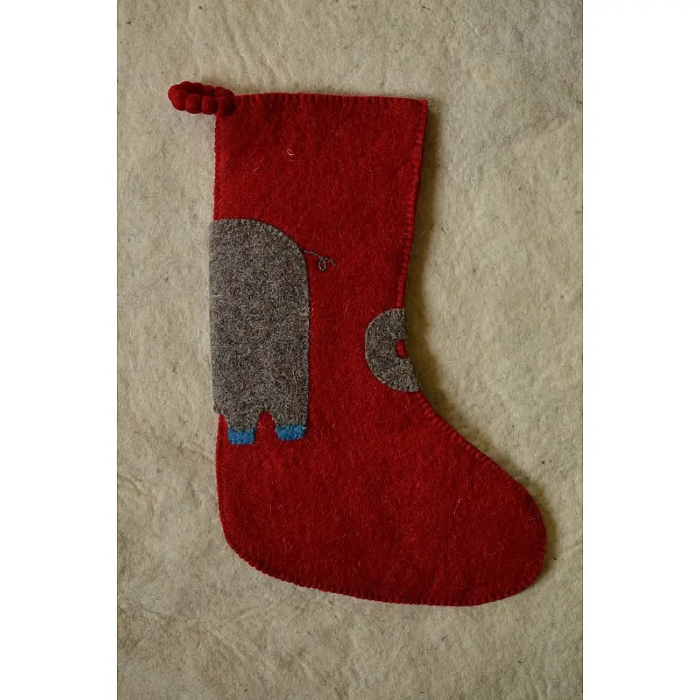 red felt Christmas stocking candy sock featuring a handcrafted grey and blue elephant patch