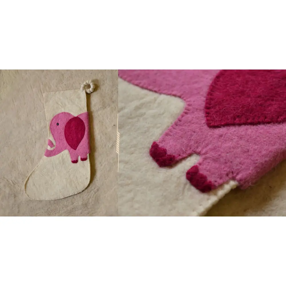 cream felt Christmas stocking candy sock featuring a handcrafted pink and magenta elephant patch