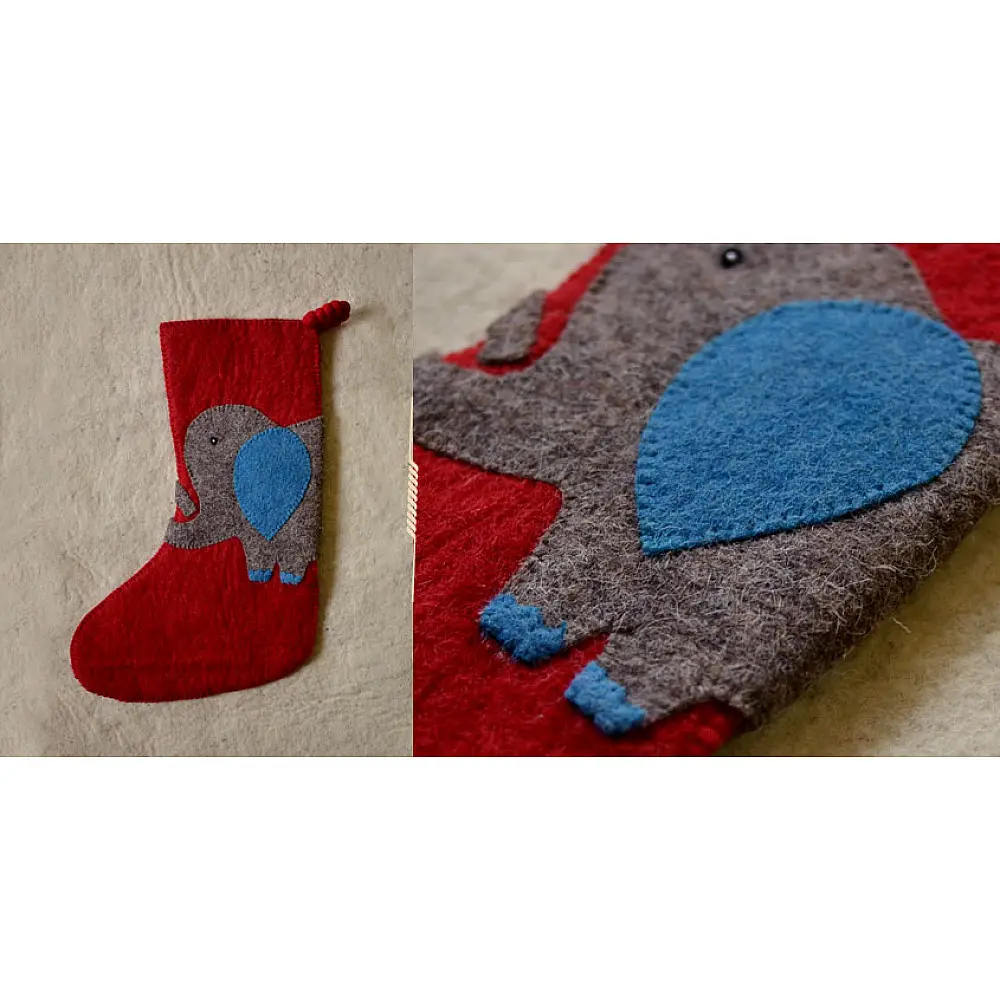 red felt Christmas stocking candy sock featuring a handcrafted grey and blue elephant patch