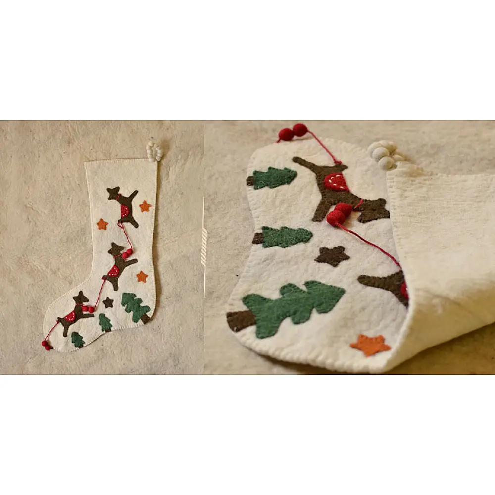 cream felt Christmas stocking candy sock featuring handcrafted green holly leaves and red berry accents