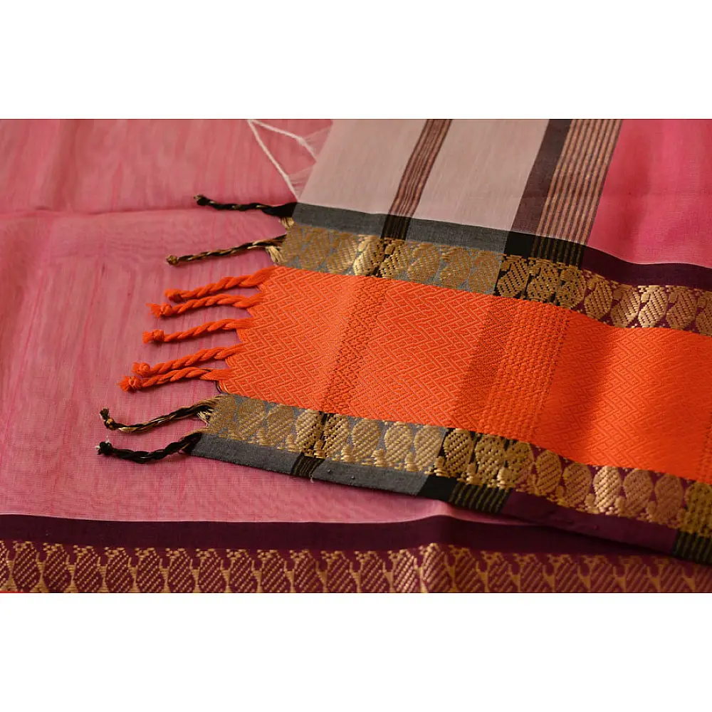 maheshwari silk saree in white with pink pallu