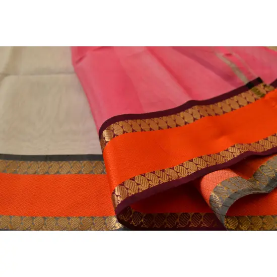 maheshwari silk saree in white with pink pallu