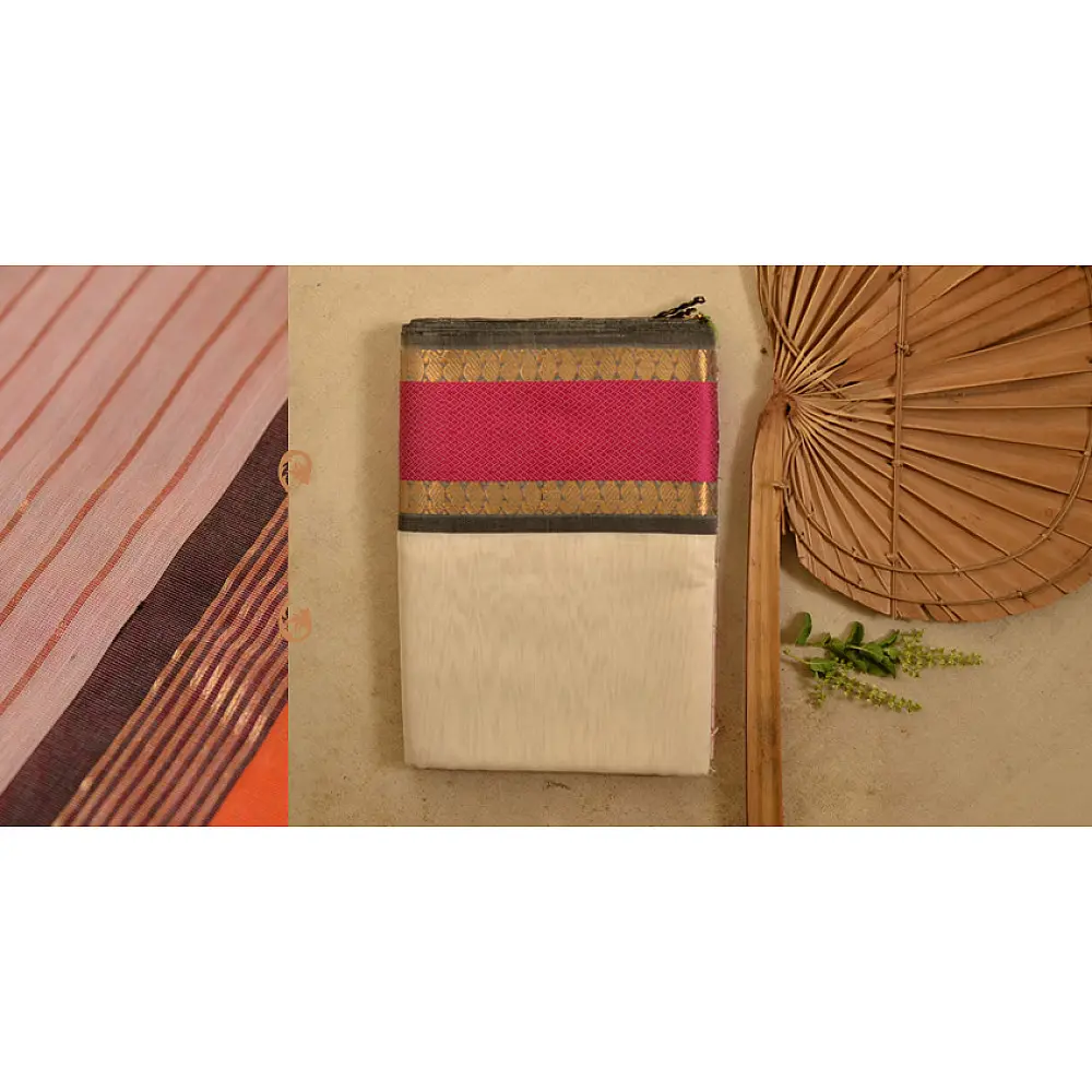 maheshwari silk saree in white with pink pallu