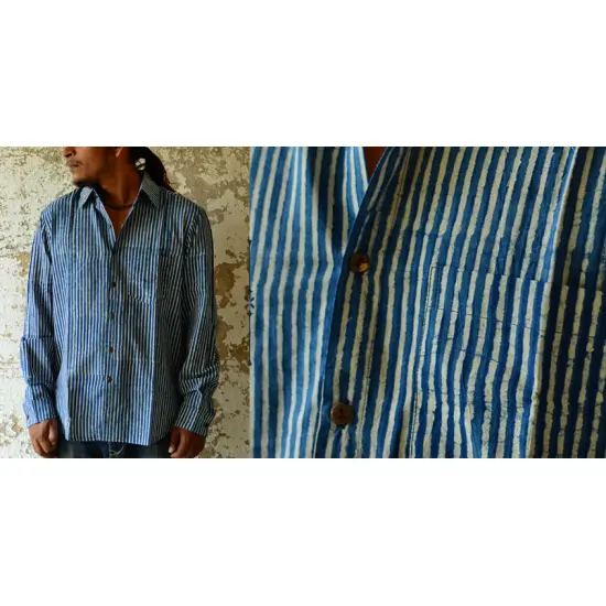 Sanganeri . Cotton Shirt ~ Blue line